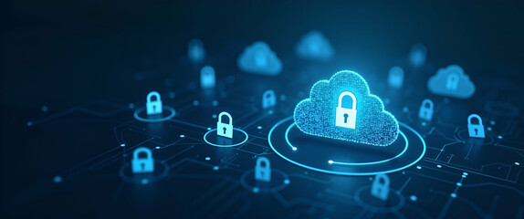 Photo Realistic Vector Icons of Cloud Computing Security: Shield and Lock Symbols Representing Data Protection and Secure Cloud Services in Stock Concept