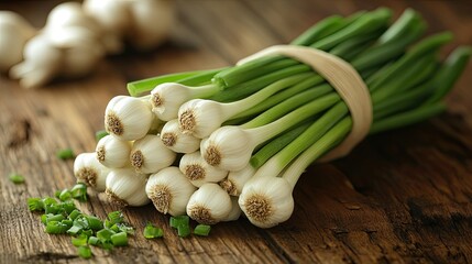 Fresh Garlic Scapes on Wood.