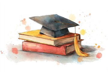 Graduation hat and book on a white isolated background, watercolor illustration. High quality