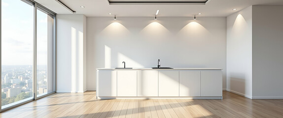 Fototapeta premium Modern white kitchen with wood floor recessed lighting and balcony view concept as A modern white kitchen featuring a wood floor recessed lighting and a balcony view in Photo Stock Concept and empt