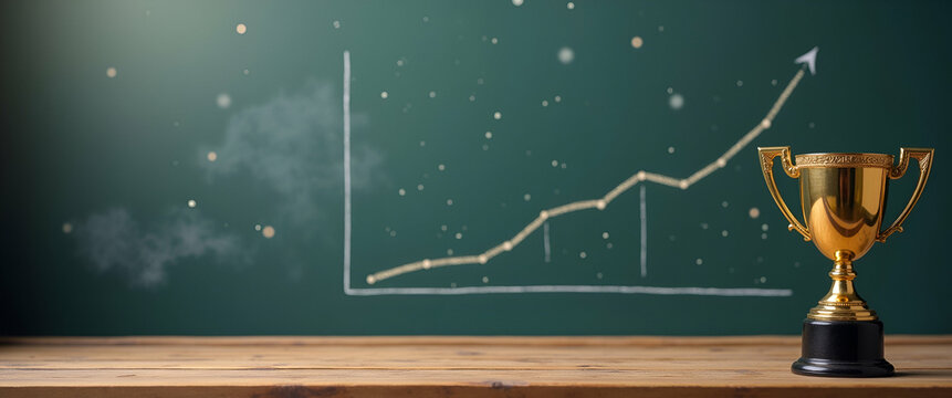 Photo realistic blackboard with performance evaluation chart and trophy, dreamy background, ample space for text, symbolizing recognition and business success.