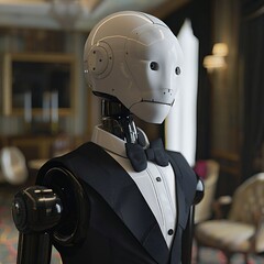 Fototapeta premium A humanoid robot in a black tuxedo stands in an elegant room, its tilted head conveying curiosity or attention.