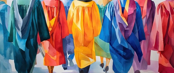 Vibrant watercolor of graduating figures in colorful academic robes, potential, education. High quality