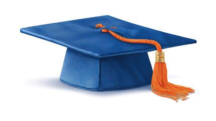 A blue graduation cap with an orange tassel, symbolizing academic achievement. High quality