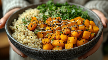 Fototapeta premium Roasted butternut squash quinoa bowl healthy food photography