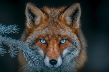 Obraz premium Majestic Red Fox Portrait Mystical Forest Blue Eyes Winter Wildlife