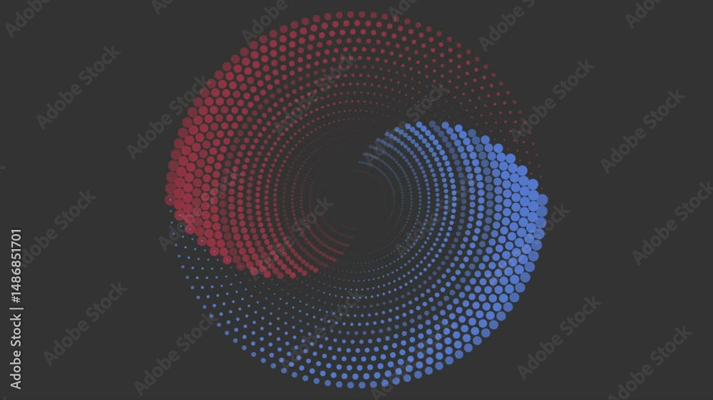 Poster Blue and red circular spiral halftone dots abstract dynamic minimal background. Seamless looping geometric motion design. Video animation Ultra HD 4K 3840x2160