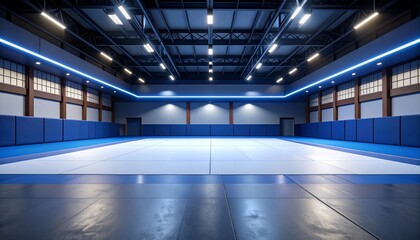 Interior view of a modern martial arts training hall with blue and white mats, padded walls, and excellent lighting system suitable for judo or jiu-jitsu.