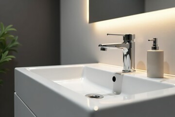 Fototapeta premium Modern bathroom sink with sleek faucet and minimalist design Close-up shot , washbasin, minimalist, simple