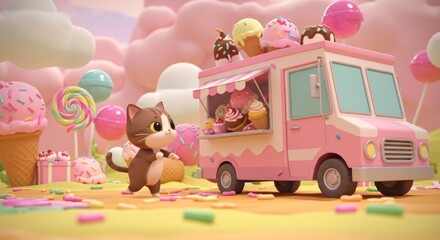 Delightful Dessert Adventure: A Cartoon Cat's Visit to a Candy Truck in Dreamland