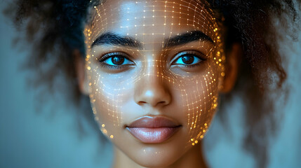 Futuristic face scan portrait young woman with digital overlay