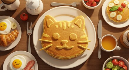 Delightful morning scene: A cat-shaped pancake surrounded by a vibrant breakfast