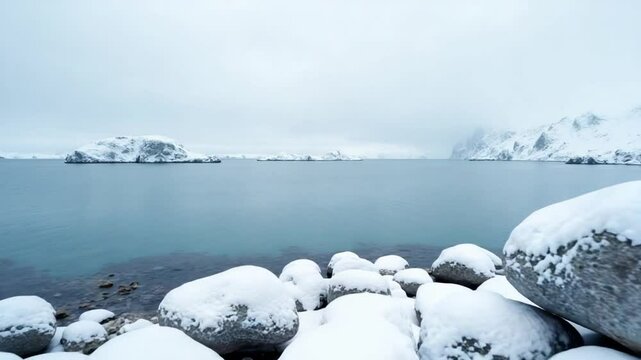 Winter landscape with snow covered rocks at Arctic Ocean