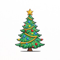 Christmas tree with decorations and star on white background