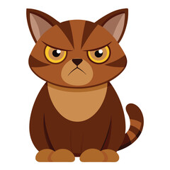 A brown, grumpy-looking cat with a flat face and short ears sits facing forward with white background.