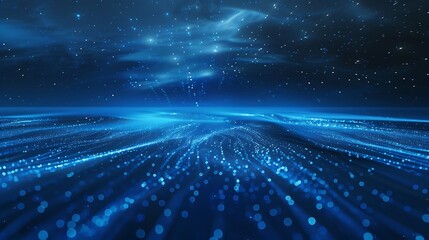 Abstract Digital Blue Landscape With Glowing Particles and Starry Sky