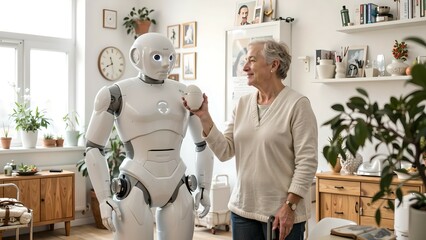 Futuristic AI Robot Assisting Elderly Woman with Product Explanation – Healthcare and Technology Concept