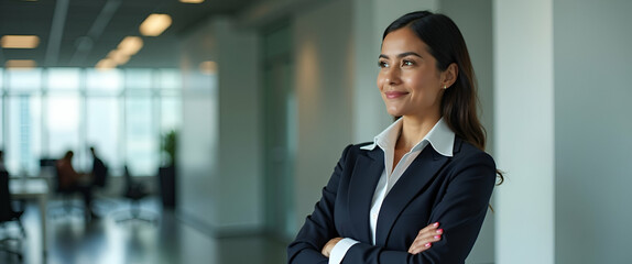 Ambitious Hispanic Businesswoman in Modern Office: Confident Leadership, Career Growth, Strong Voice, Setting Goals, Professional Stance, Bright Future Ahead - Photo Stock Concept
