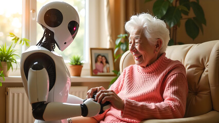 Futuristic AI Robot Assisting Elderly Woman at Home – Senior Care Technology Concept