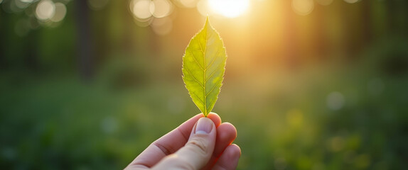 Photo Realistic Image of a Hand Holding a Cut Leaf at a Community Cleanup Event: Showcasing Community Involvement and Corporate Social Responsibility in Environmental Initiatives