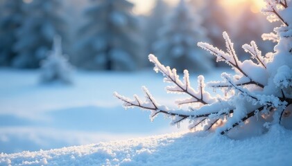 Frozen snow-covered landscape, glistening ice crystals on branches , frosty, snowy
