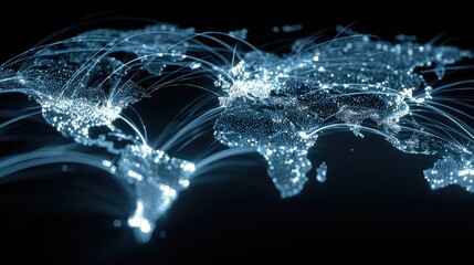 Stylized digital art of a world map with glowing lines connecting cities, data network concept, blue neon lights, high detail