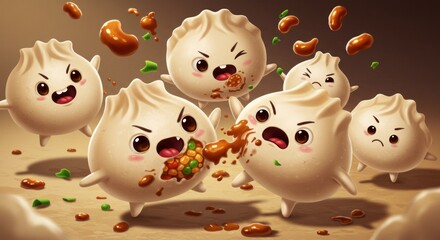 Whimsical dumpling food fight, adorable cartoon food characters in amusing quarrel