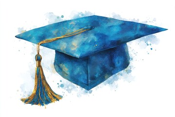 blue graduation cap with tassel on white background, watercolor Generative AI. High quality