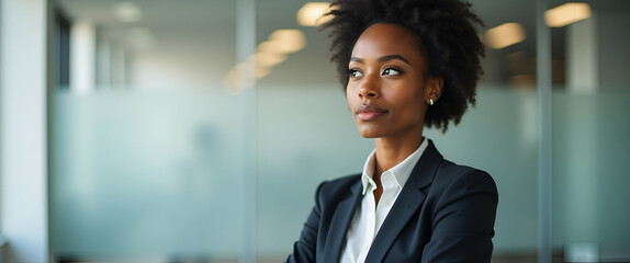 Young business woman executive stands in office looking away thinking of future success confident African American professional businesswoman leader CEO manager at work portrait concept as Young busin