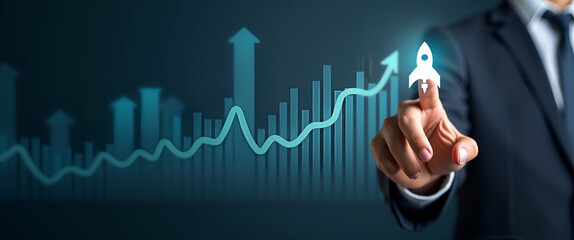 Touch virtual rocket icon up arrow push new startup forward accelerate strategic plan secure business growth innovation fosters success concept as Businessman highlights rocket symbol quick upward mot