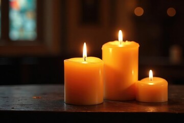 Glowing beeswax church candles on dark wood altar , wood, beeswax candle, votive