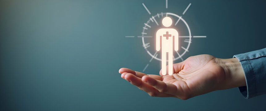 Hand presenting holographic growth hormone development symbol in minimalist space, illustrating rejuvenation and growth against an empty backdrop for stock photo concept.