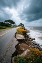 Stormbattered coastal road crumbling, erosion, ocean waves, cloudy sky, dramatic, danger, nature