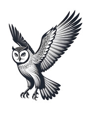 Obraz premium Simplified owl in flight silhouette with sweeping wing lines, rounded head, and curved body, set against a solid white background. Strong contrast, focus on form and symmetry, no textures,