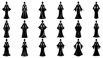 set of Japanese women in kimono silhouette, 
Silhouette of womans in a kimono-style dress, standing gracefully, faceless and simple, 
