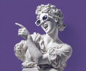 Funny Statue with Sunglasses Pointing Finger Stock Photo: Cool Marble Bust with Shades on Purple Background, Meme Image