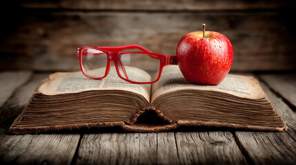 an open book with a red apple and eyeglasses on a wooden desk.