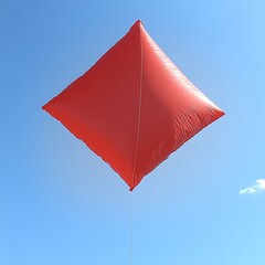 A vibrant red, diamond-shaped balloon floats against a clear blue sky