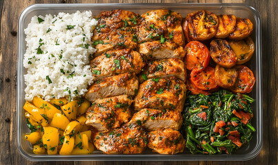 Prepared chicken meal with rice, mango, grilled tomatoes, and sp