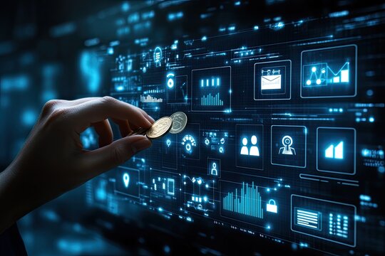 Hand interacts with digital dashboard, displaying financial data and various metrics.  Coin is placed on a virtual interface with a collection of charts, graphs, and icons