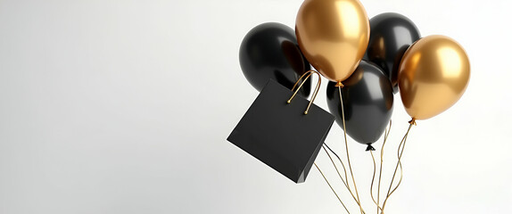 Black and Gold Balloons with Black Shopping Bag on Transparent Background for Black Friday Promotions - Ideal for Marketing Concepts