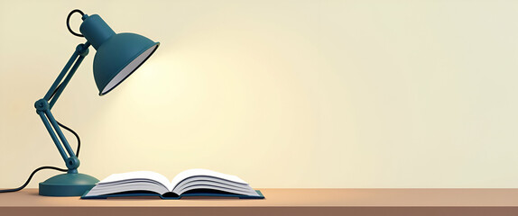 Photo Realistic Office Tools Concept: Lamp and Book Symbol with Ample Copy Space for Visualizing Study Setups, Workspace Essentials, and Productivity Tools in Stock Photography