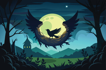 Silhouette of a Phoenix Nest Glowing under the Moonlit Sky