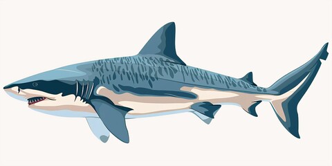 Naklejka premium A stylized tiger shark illustration in profile, facing right, with open mouth revealing sharp teeth, set against a white background.