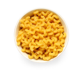 Bowl of raw cellentani pasta isolated on white background