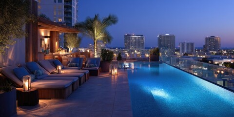Fototapeta premium A chic rooftop villa in the city, featuring an infinity pool that overlooks the urban skyline, with stylish chaise lounges and ambient lighting creating a luxurious nighttime setting. 
