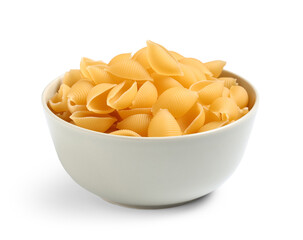 Bowl with raw conchiglie pasta isolated on white background