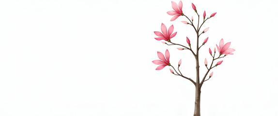 Obraz premium Watercolor painting of a tall magnolia tree with light pink flowers in full bloom, capturing spring's essence, isolated on white background with empty space on the left.