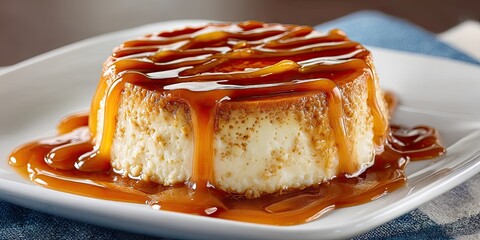 A clean and simple image showcasing the dessert's creamy consistency and caramel glaze. 
