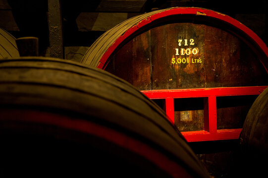 Wine barrel in dark cellar